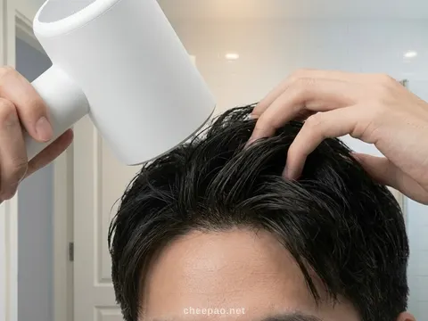 ใช้ไดร์สีขาวเป่าผมพร้อมใช้นิ้วยกโคนผมด้านหน้าขึ้น