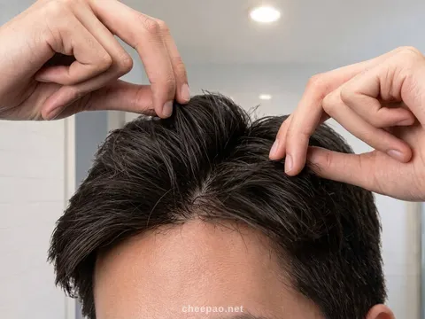 สองมือจับโคนผมด้านหน้าที่เป่าแห้งแล้วให้ตั้งฟูขึ้น
